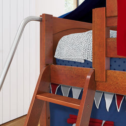 Rustic wood bunk bed with slide and playful decorations for children's bedroom.