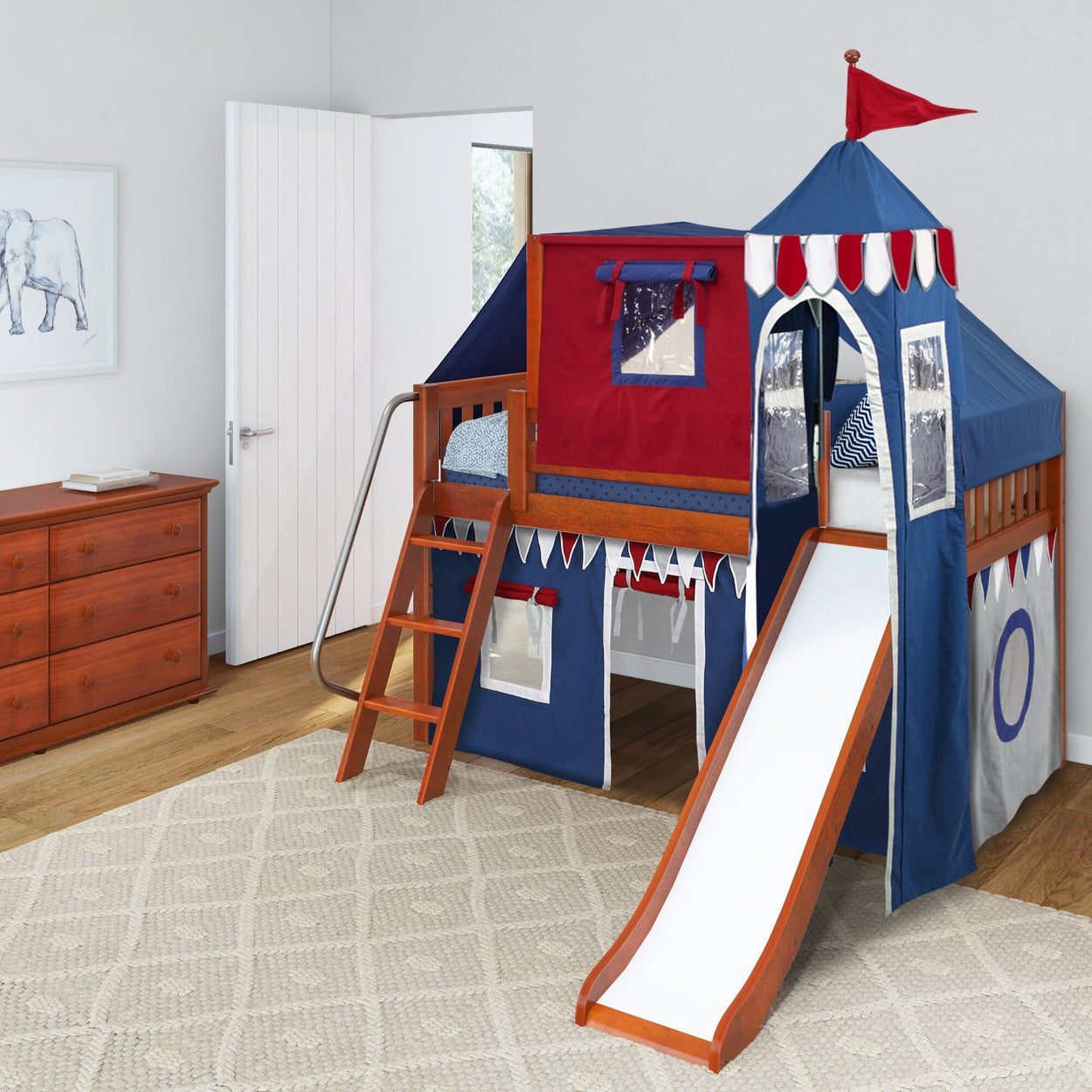 Child's loft bed with slide and fortress design in vibrant red and blue theme in a modern bedroom setting.