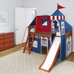 Child's loft bed with slide and fortress design in vibrant red and blue theme in a modern bedroom setting.