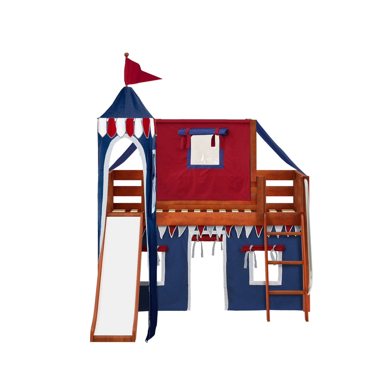 Wooden bunk bed for kids with slide and red-blue tent cover, castle theme.