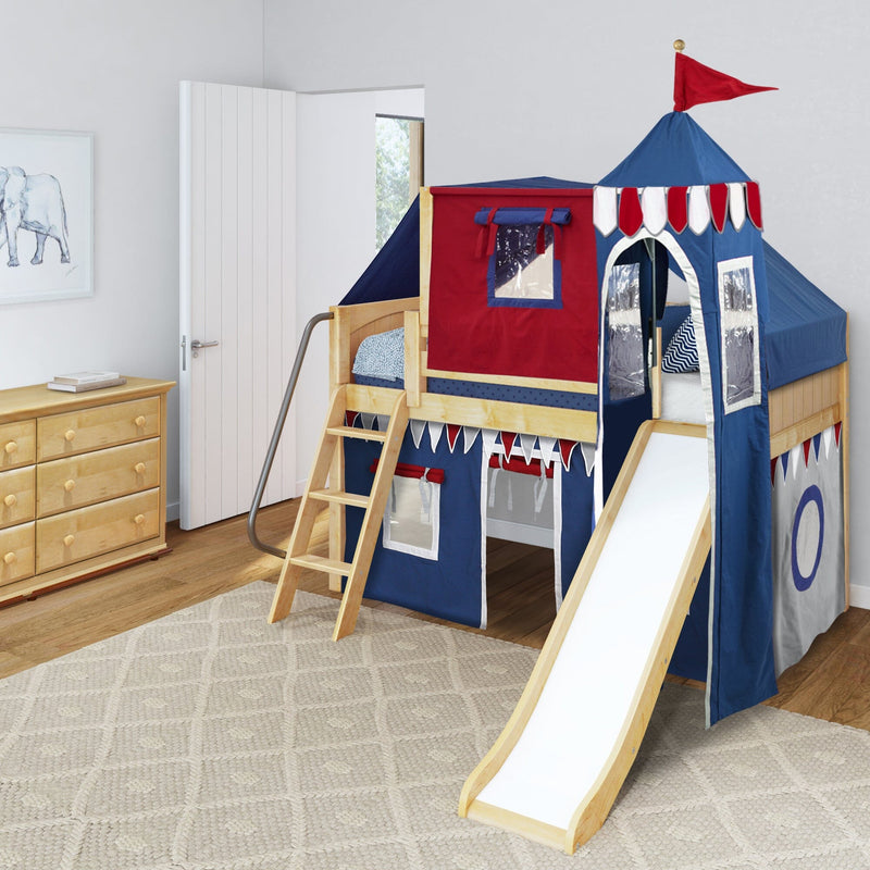 Kids wooden loft bed with slide and navy blue and red castle play tent canopy, ladder, dresser and elephant wall art in children’s bedroom