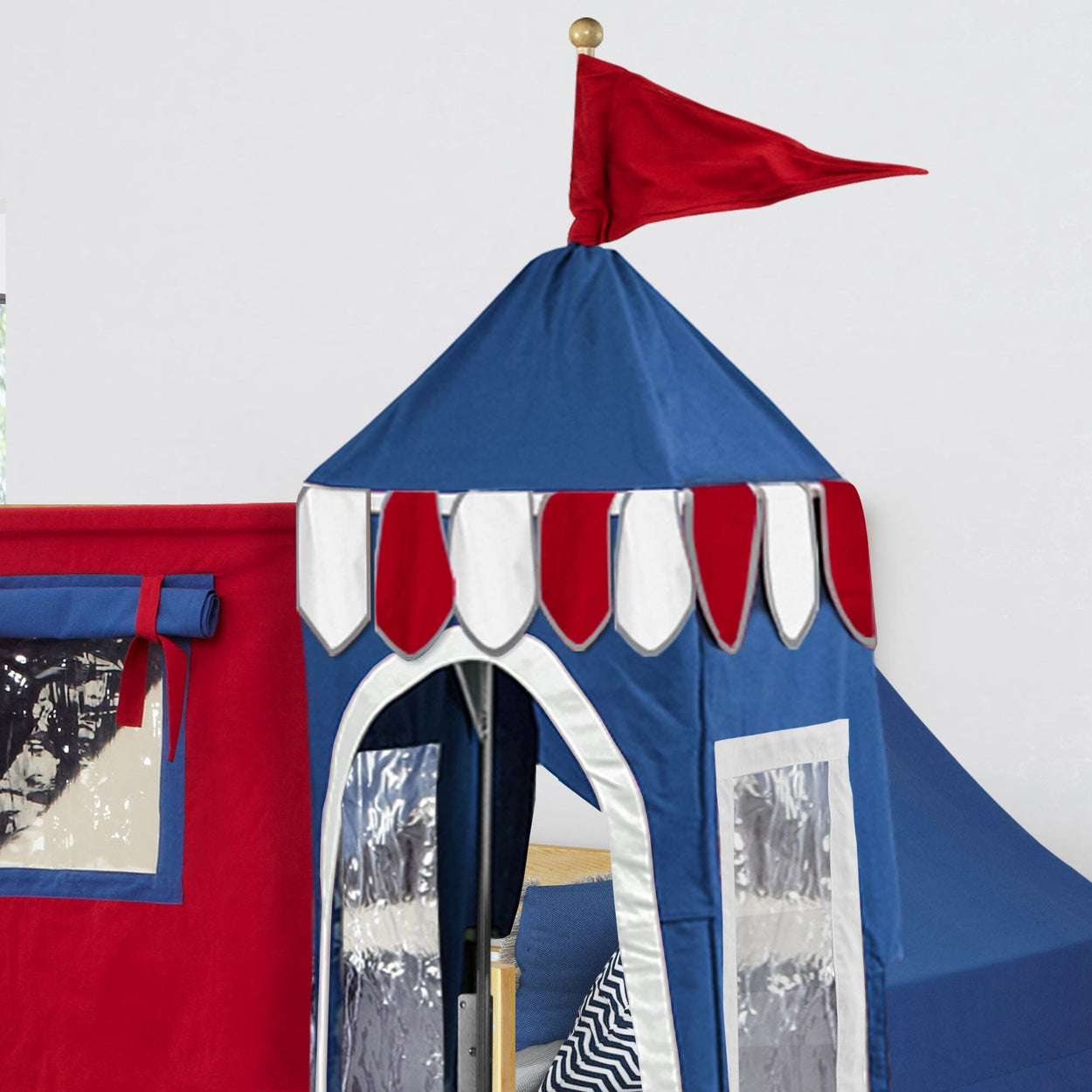 Blue and red kids' play tent with flag, castle theme for indoor fun.