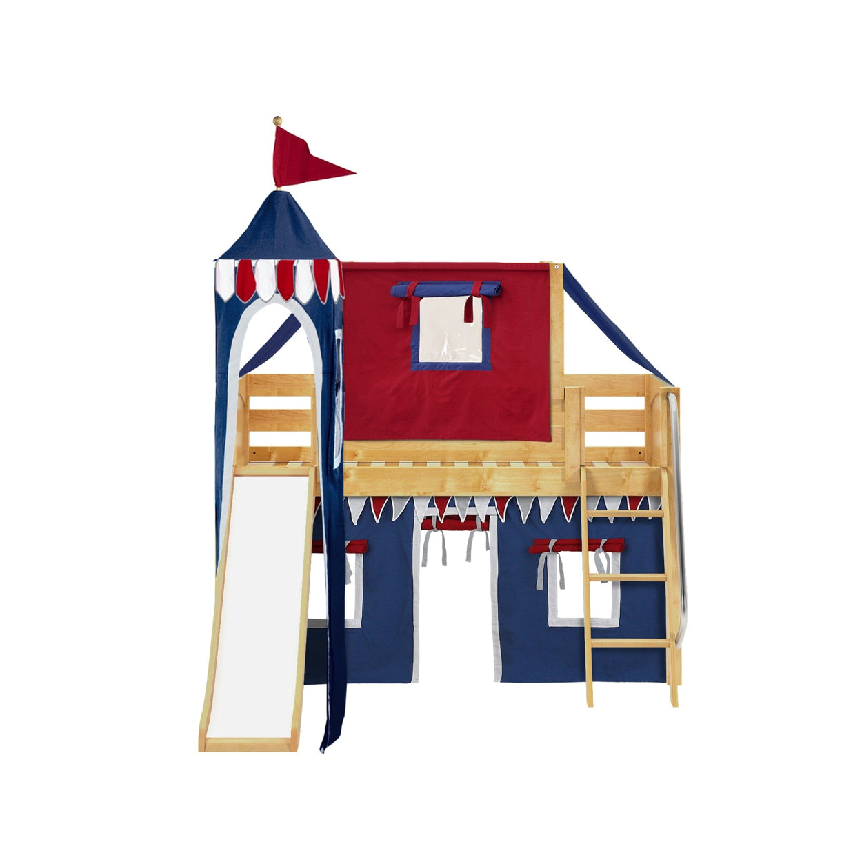 Children's castle-themed loft bed with slide and ladder, wooden structure with blue and red fabric details.