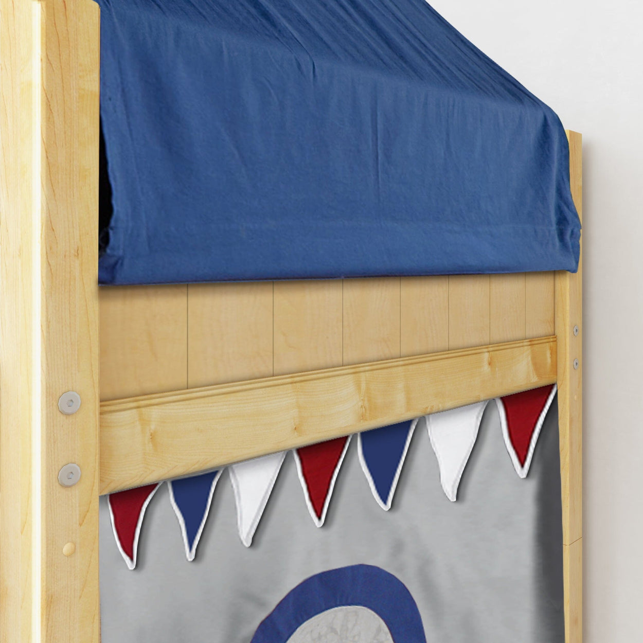 Children's wooden bunk bed with blue canopy and red, white, and blue pennant accents.