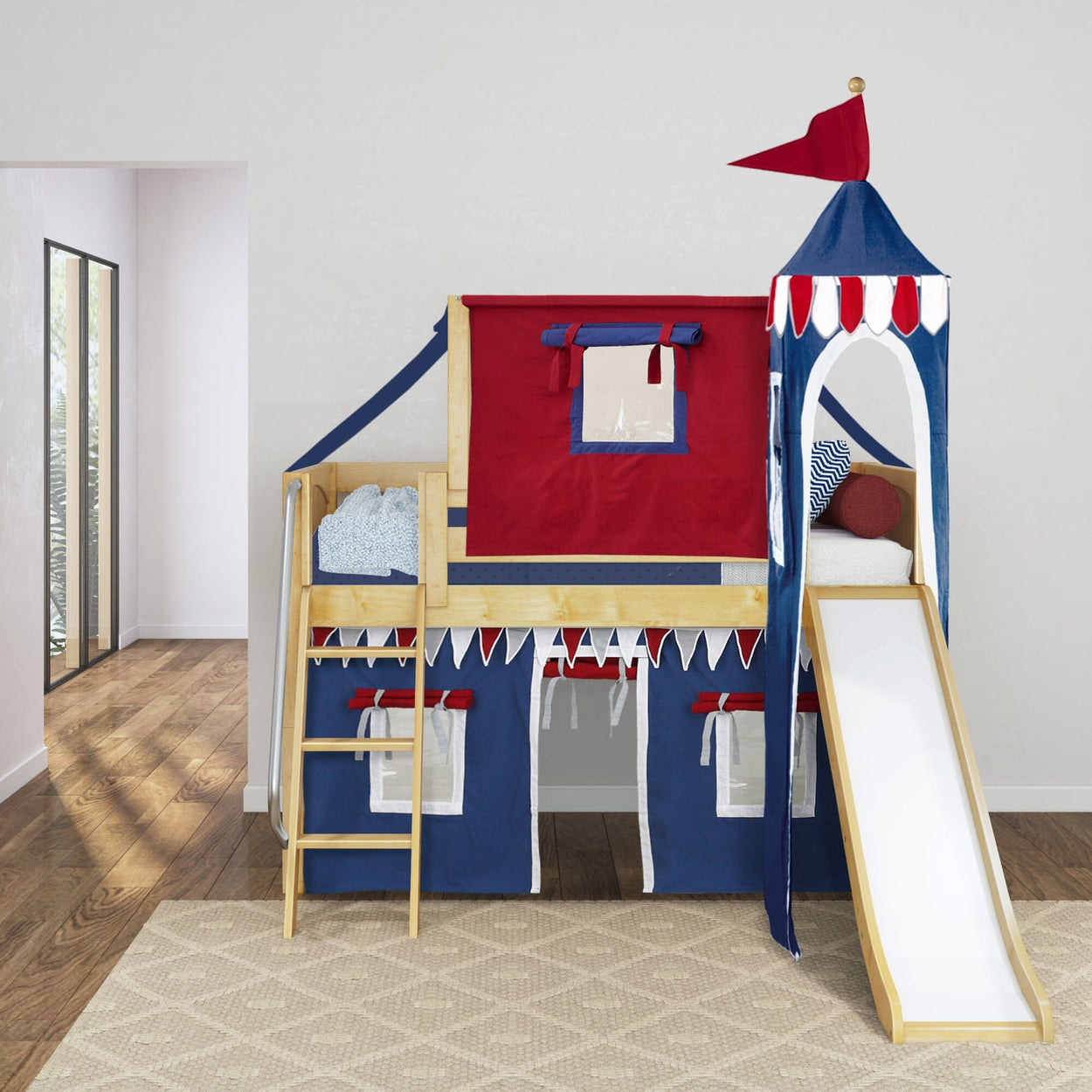 Kids' wooden loft bed with slide and colorful castle theme for playroom furniture.