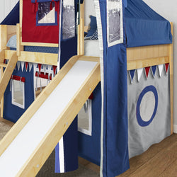 Wooden loft bed with colorful playhouse tent and slide for kids' bedroom.