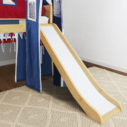 Wooden slide attached to a colorful kids' loft bed in a modern bedroom setting.
