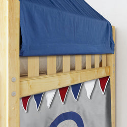 Wooden loft bed with a blue tent canopy and red, white, and blue bunting, ideal for children's bedroom decor.