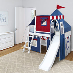 Children's bunk bed with slide and play tent in a colorful bedroom.