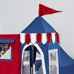 Kids playhouse tent with red and blue design, featuring a flag and festive details.