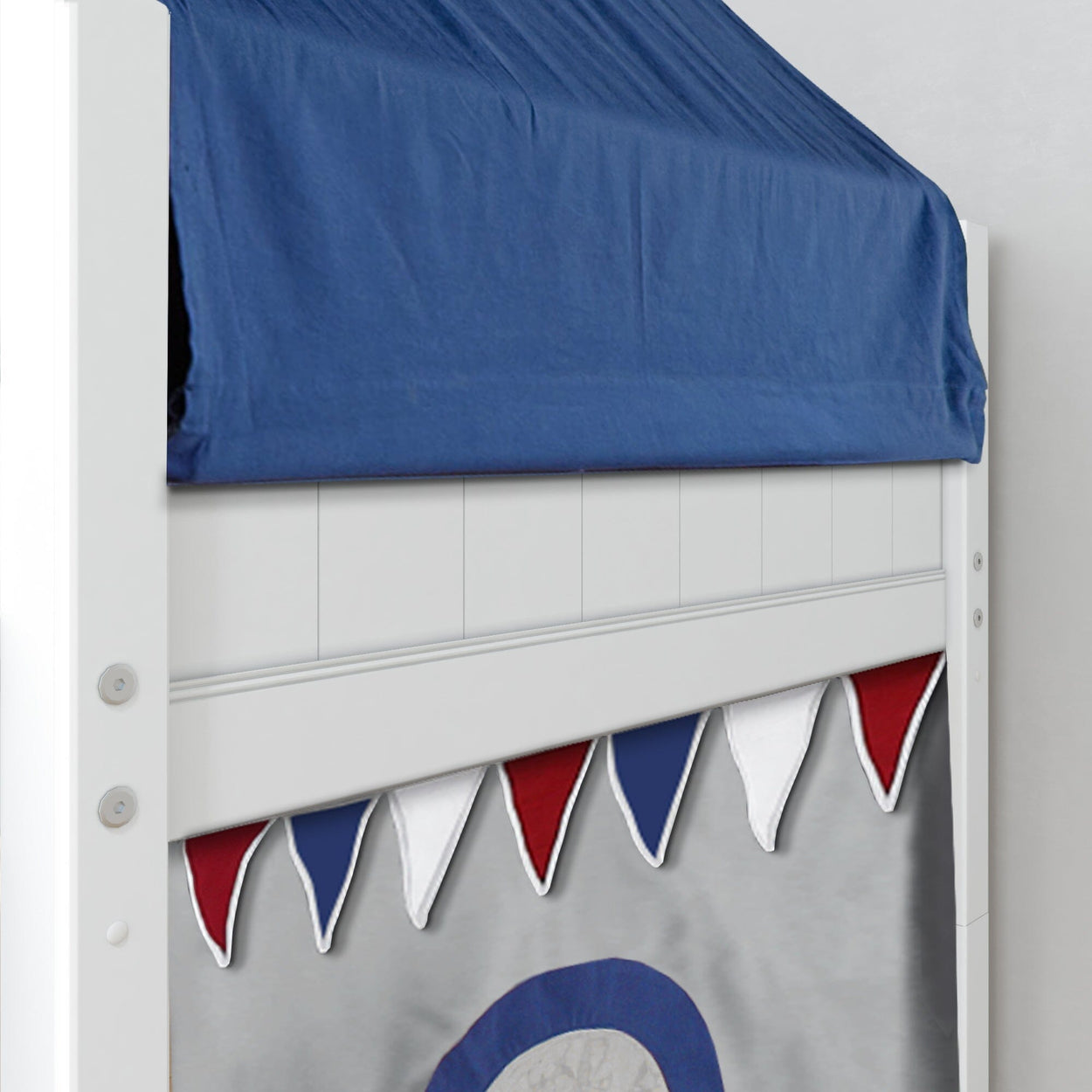Blue and white loft bed with tent cover and red, white, blue bunting for kids' bedroom decor.
