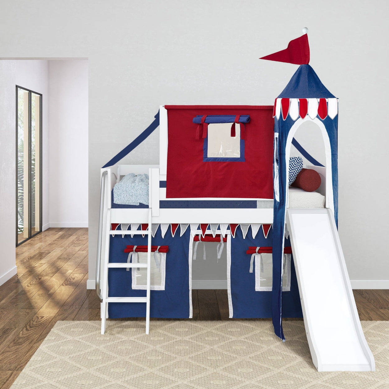 Children's loft bed with a vibrant red and blue castle theme, featuring a slide and ladder for playful sleep and play.