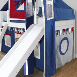 Children's loft bed with playful slide and colorful tent design in a bedroom setting.