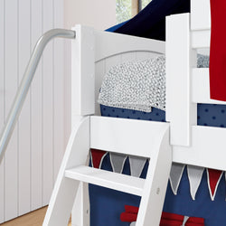 White wooden loft bed with ladder and cozy blankets, perfect for kids' bedroom decor.