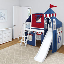 Kids' playhouse bed with slide, blue and red castle theme, white ladder in bedroom setting.