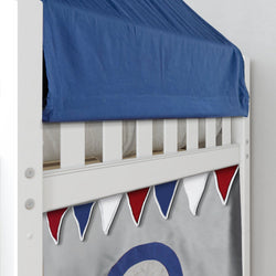 Children's loft bed with blue fabric canopy and red, white, and blue decorative bunting.
