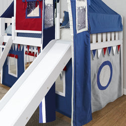 Children's bunk bed with play curtain, slide, and canopy in a nautical theme design, featuring red, blue, and white accents for a fun bedroom interior.
