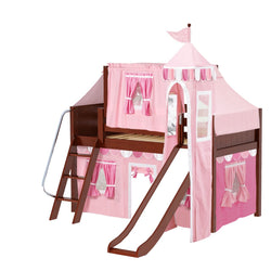 Pink princess castle loft bed with slide and ladder for kids' bedroom.