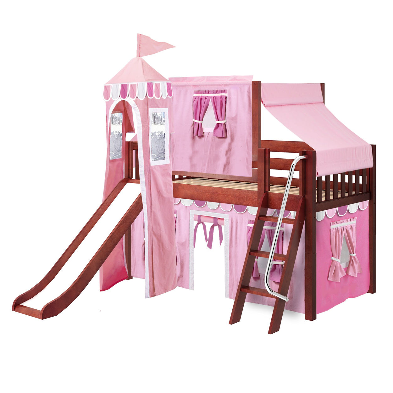 Wooden princess castle loft bed with slide and pink tent curtains for kids' bedroom.