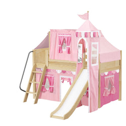 Pink princess castle loft bed with slide and ladder for children’s bedroom.