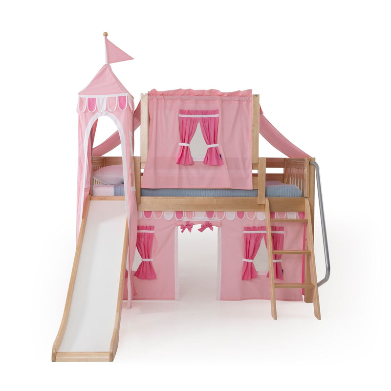 Pink princess loft bed with wooden frame, slide, canopy tower and playhouse curtains for girls' bedroom
