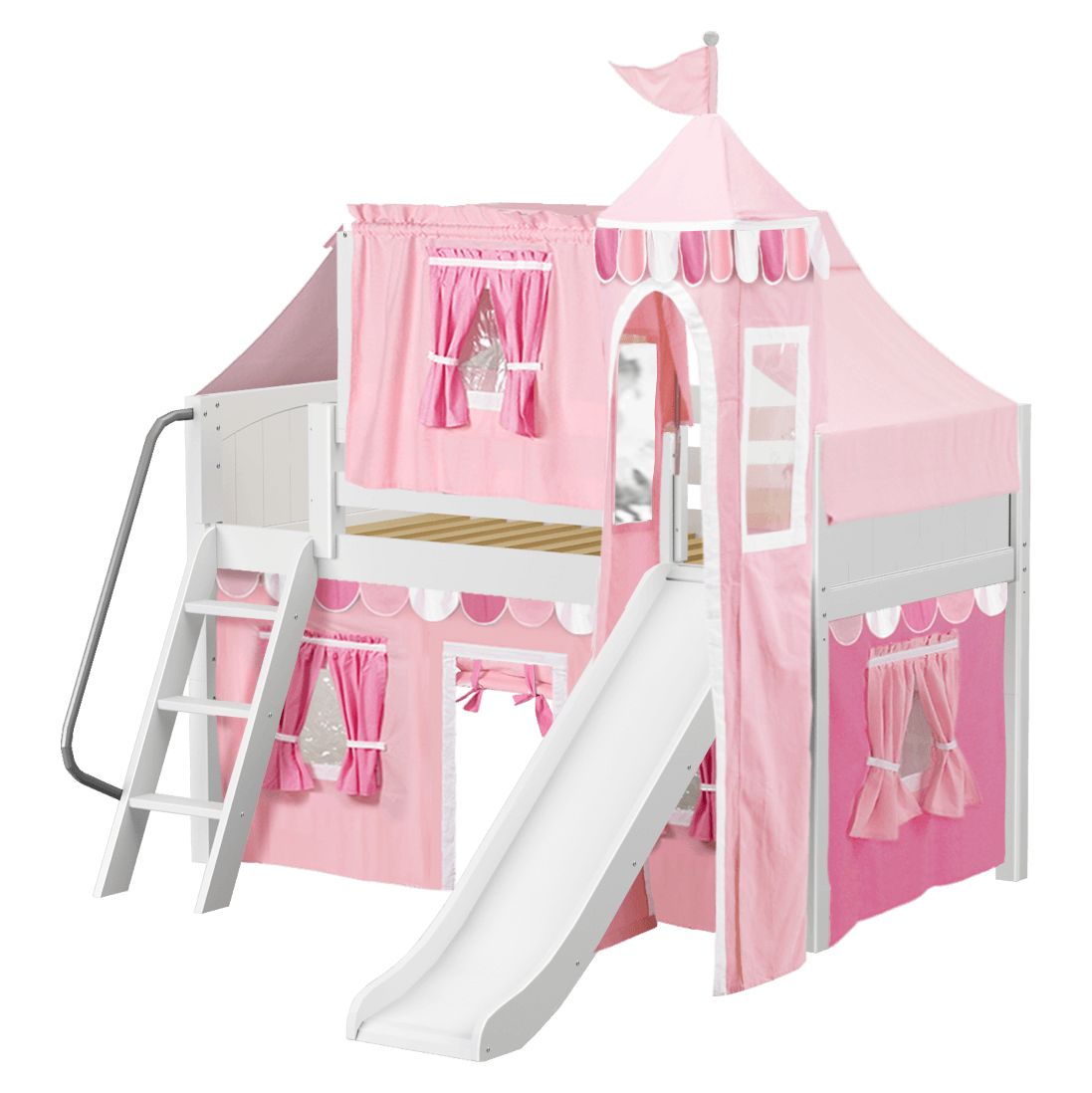 Pink princess-themed kids' loft bed with slide and playhouse design.
