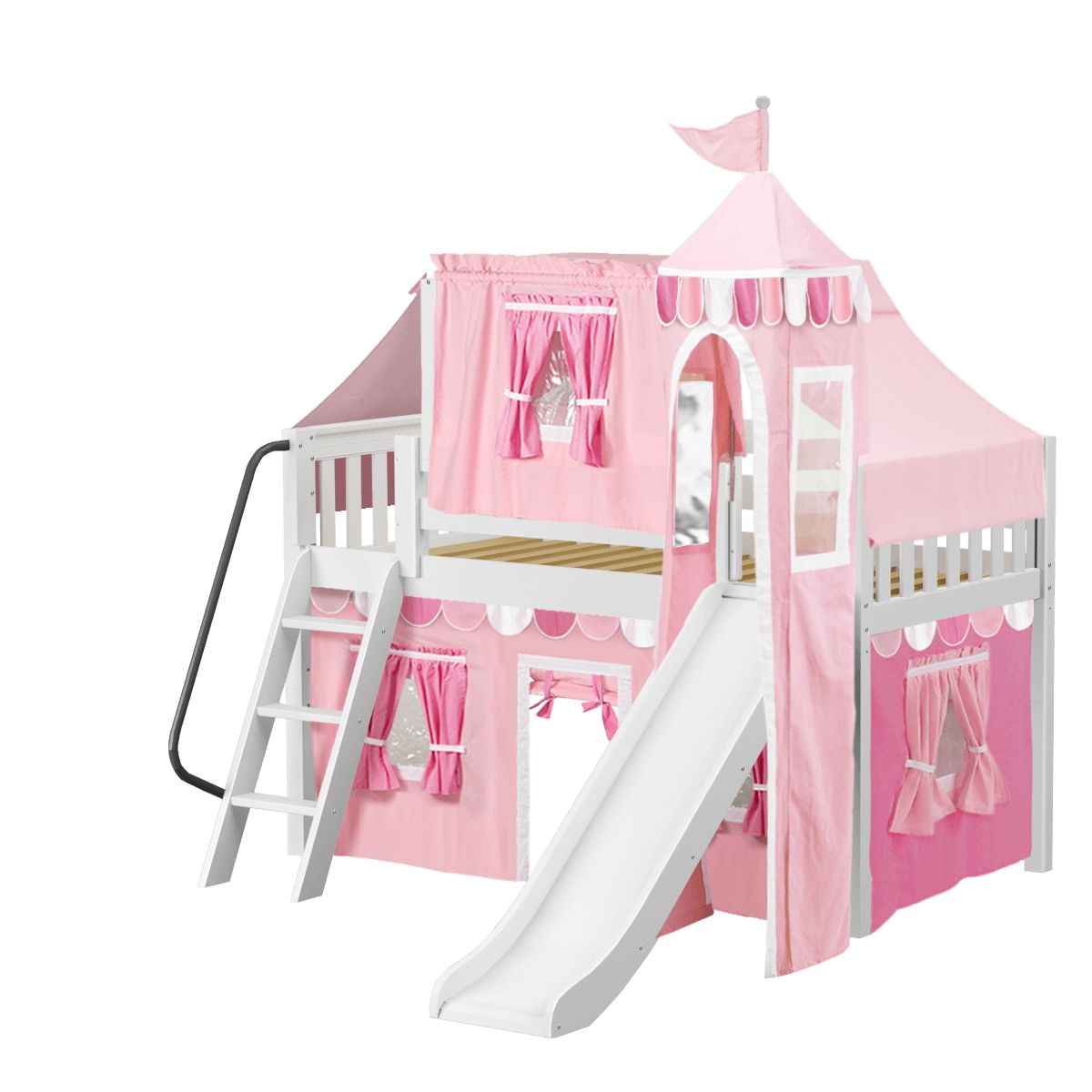 Pink princess-themed loft bed with slide, ladder, and tent-style curtains for kids' bedroom.