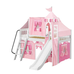 Pink princess-themed loft bed with slide, ladder, and tent-style curtains for kids' bedroom.
