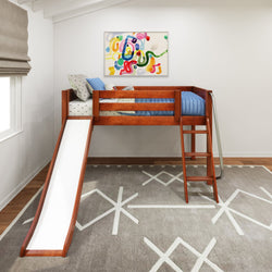 Wooden loft bed with slide and ladder in a brightly decorated children's bedroom.