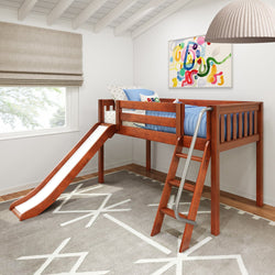 Wooden loft bed with slide and ladder in a modern kids' room.