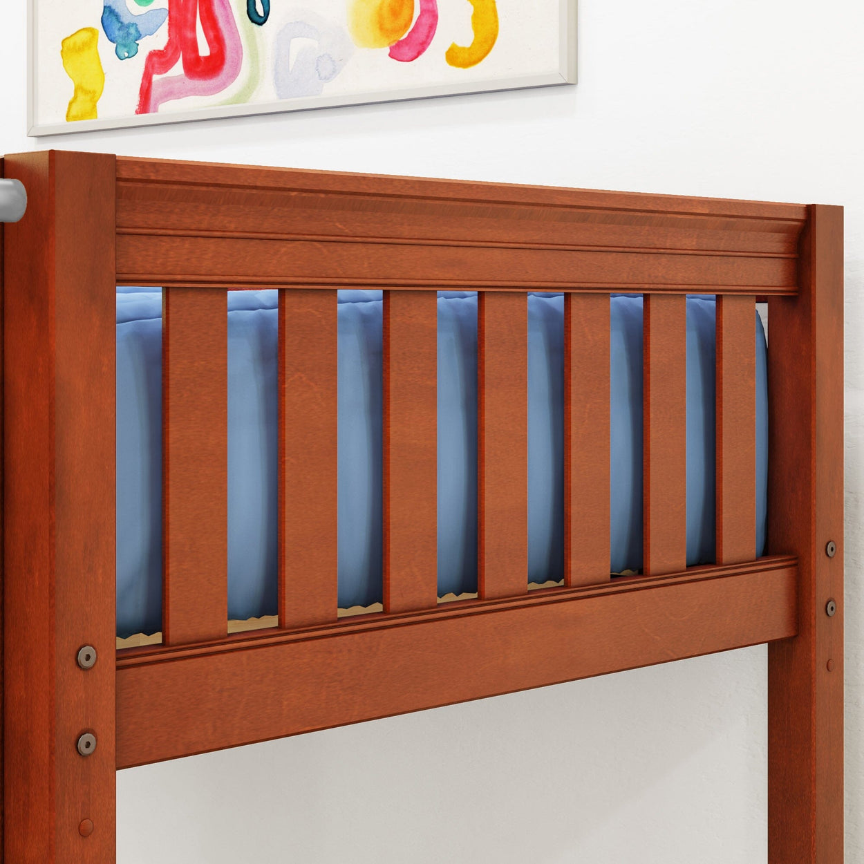 Wooden bunk bed with blue bedding in a modern children's room.