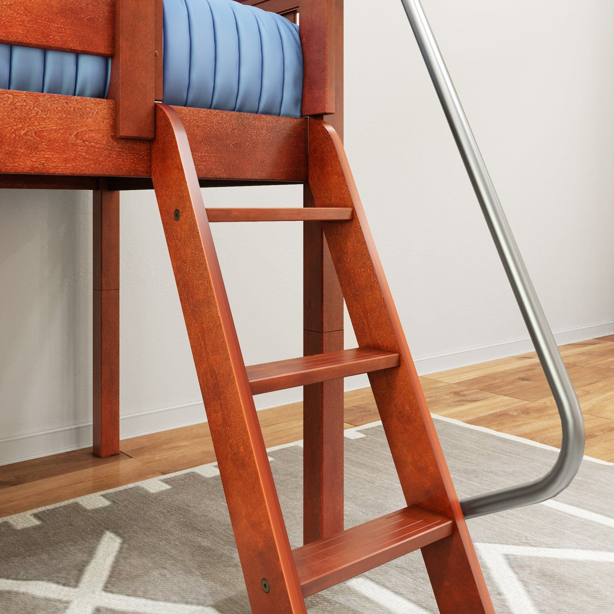 Rustic wooden ladder attached to a loft bed with a blue mattress, ideal for space-saving bedroom designs.