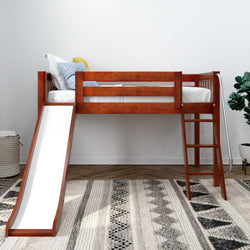 Loft bed with slide and ladder in a modern children's room.