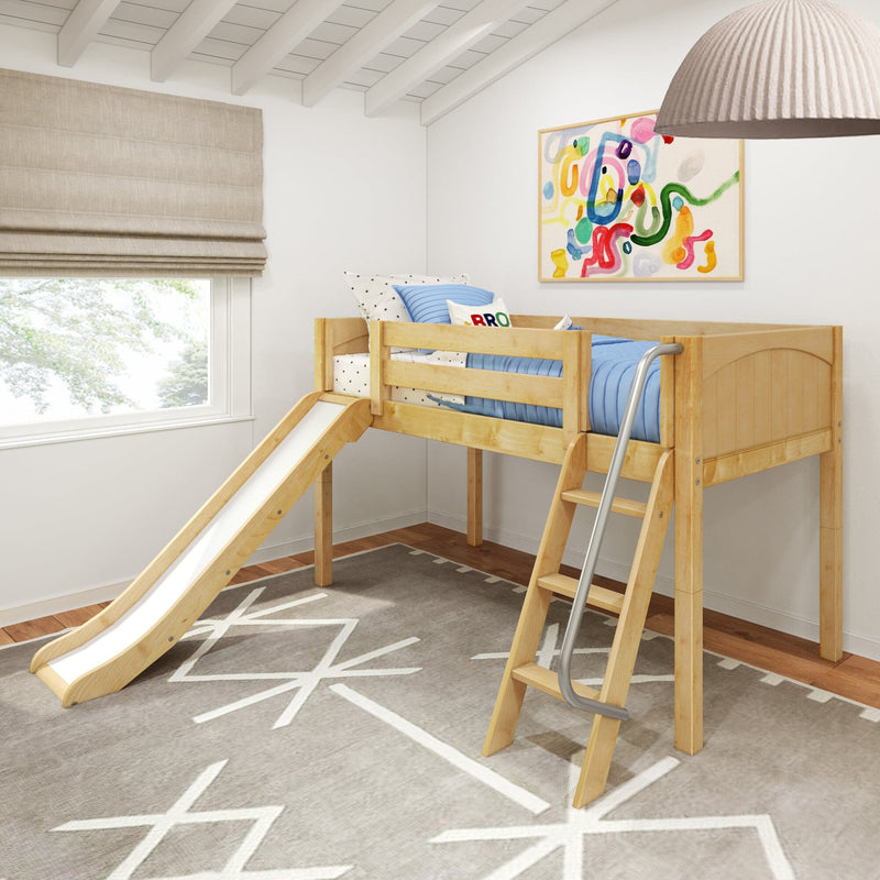 Natural wood loft bed with slide and ladder, blue bedding and star pillows in a modern kids bedroom with abstract wall art, beige roman shade and geometric rug