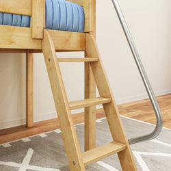 Wooden loft bed ladder with blue mattress and slide in modern bedroom.