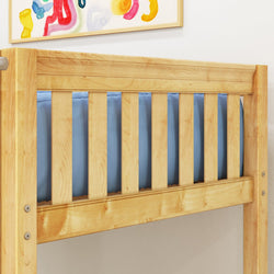 Natural wood bunk bed frame with blue mattress and colorful artwork on wall.