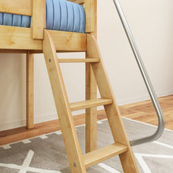 Wooden bunk bed ladder with a blue mattress in a modern minimalist bedroom setting.