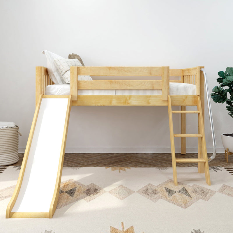 Natural wood loft bed with slide and ladder in a neutral kids' bedroom with white bedding, plaid pillows, potted plant and patterned rug