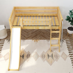 Children's wooden loft bed with slide, ladder, and cozy play area.