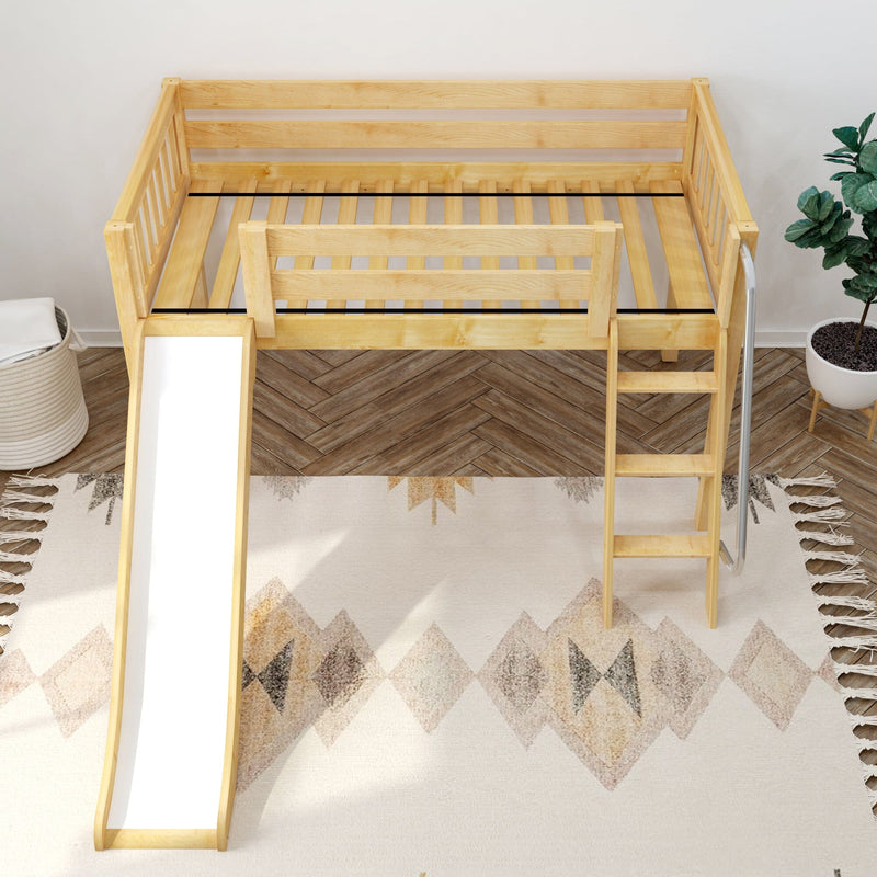Top-down view of a light wood children's loft bed with slide and ladder, slatted guardrails, herringbone floor and geometric area rug in a modern kids' bedroom