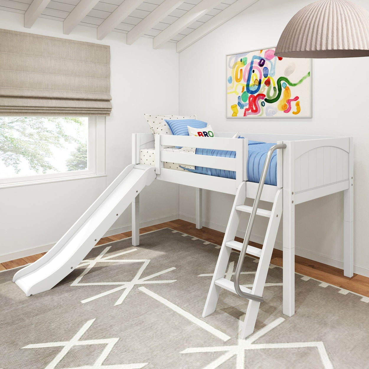 White loft bed with slide and blue bedding in a modern children's room.