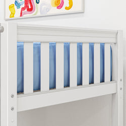 White wooden loft bed with blue bedding and colorful abstract wall art in a modern bedroom.