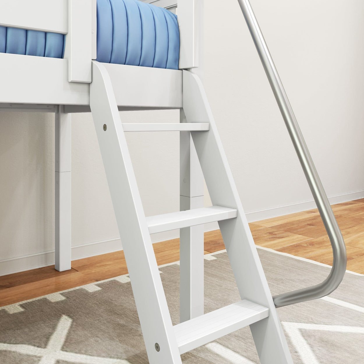 White wooden bunk bed ladder with blue mattress and railing, ideal for modern children's bedroom design.