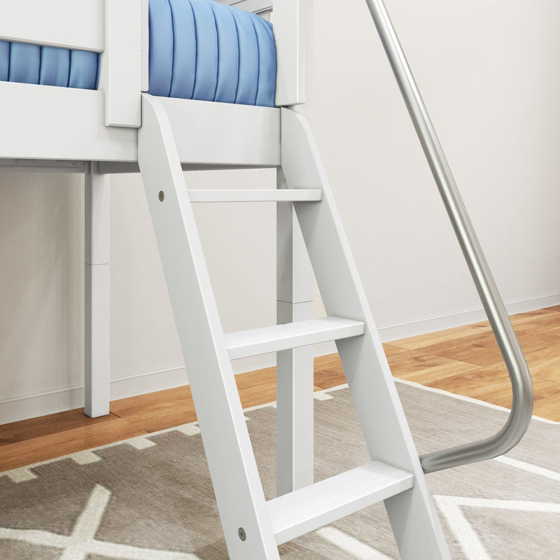 White wooden ladder and metal handrail on a loft bunk bed with blue mattress in a modern children's bedroom on hardwood floor