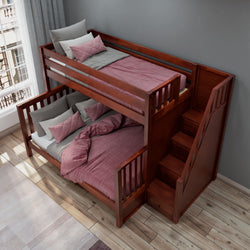 Wooden bunk bed with storage stairs and pink bedding in a modern bedroom.