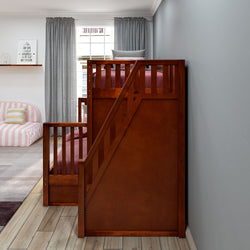 Stylish wooden bunk bed with stairs in modern kids' room design.