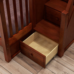 Wooden staircase with built-in storage drawer on a hardwood floor.