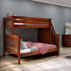 Wooden bunk bed with ladder in modern bedroom setting, featuring pink bedding and matching decor.