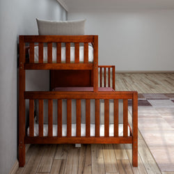 Elegant wooden bunk bed with pillows in a modern bedroom on hardwood floors.