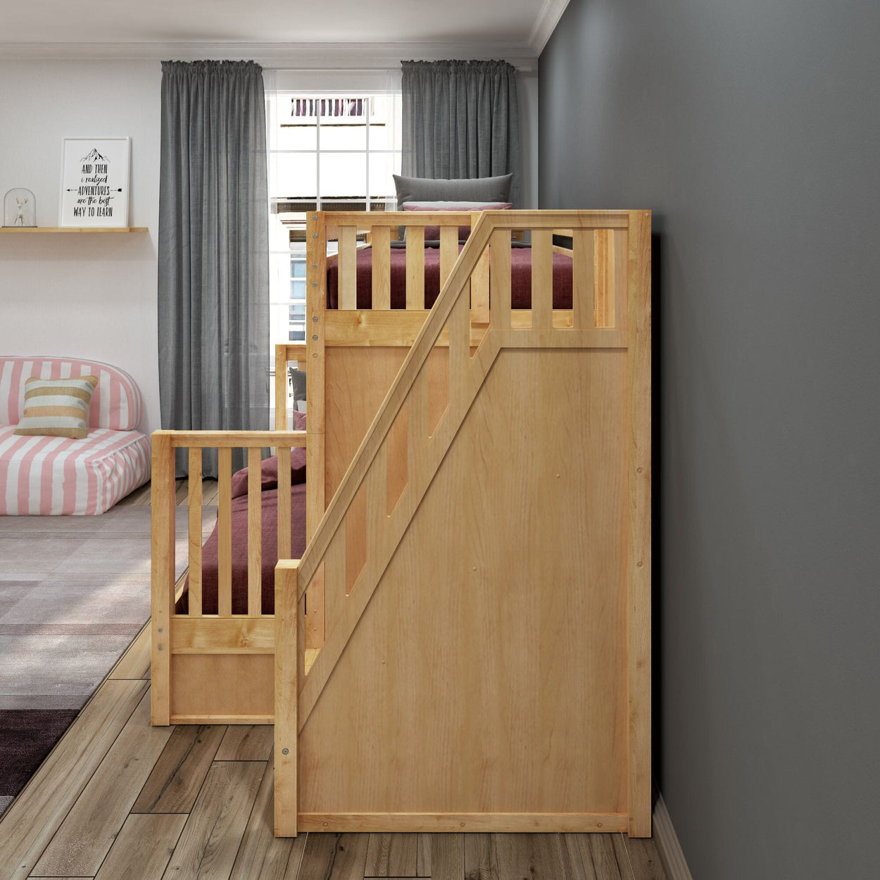 Wooden bunk bed with integrated stairs in a modern kids' bedroom featuring gray walls and stylish decor.